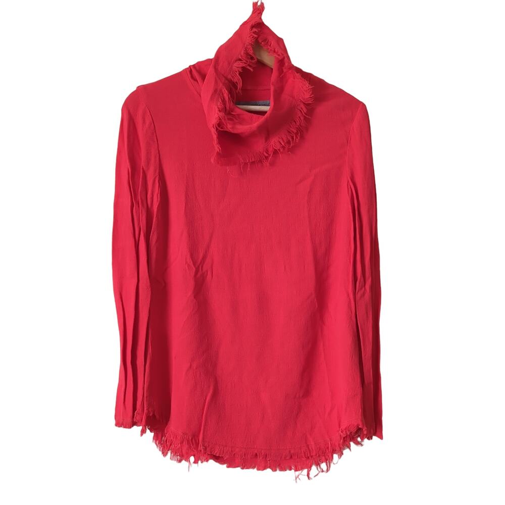 Raquel Allegra Women's Top Size 1 S Ruby Red Fringe Frayed Edges Cowl Shirt $329